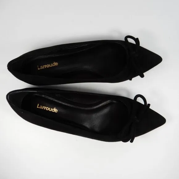 Larroude Lee Pointed Toe Bow Slip On Flats Size 6.5 Black Suede Leather NEW $275