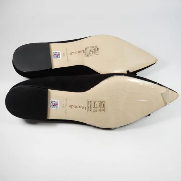 Larroude Lee Pointed Toe Bow Slip On Flats Size 6.5 Black Suede Leather NEW $275