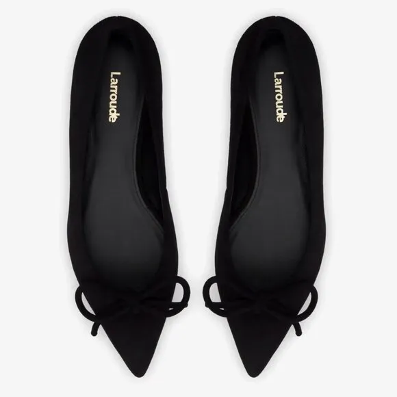 Larroude Lee Pointed Toe Bow Slip On Flats Size 6.5 Black Suede Leather NEW $275