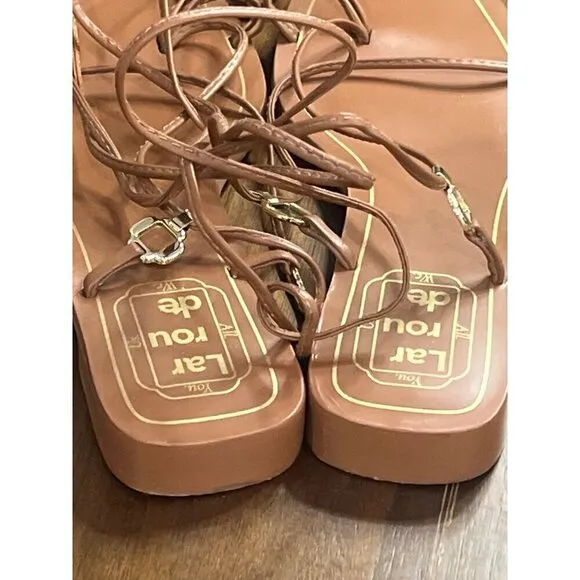 Larroude Portofino Flat Sandals in Caramel Leather 6 With Box Womens Wrap