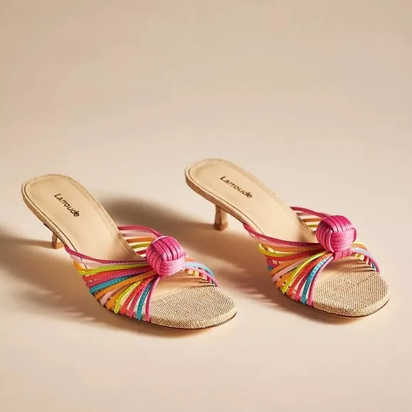Larroude Valerie Kitten Heel Strappy Knot Mule in Colorful Satin, 9.5