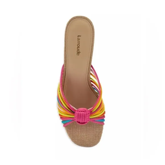 Larroude Valerie Kitten Heel Strappy Knot Mule in Colorful Satin, 9.5