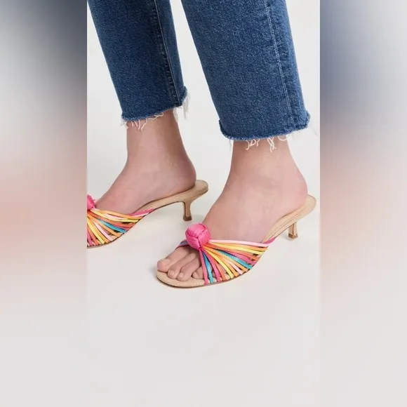 Larroude Valerie Kitten Heel Strappy Knot Mule in Colorful Satin, 9.5