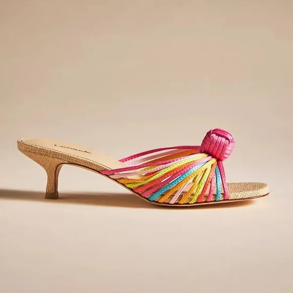 Larroude Valerie Kitten Heel Strappy Knot Mule in Colorful Satin, 9.5