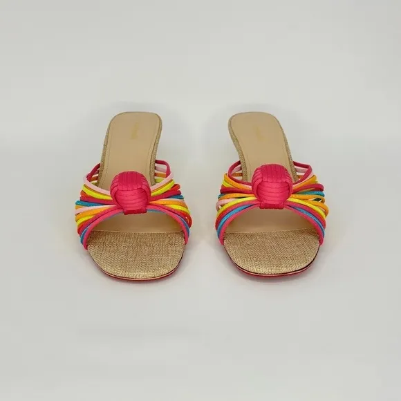 Larroude Valerie Kitten Heel Strappy Knot Mule in Colorful Satin, 9.5