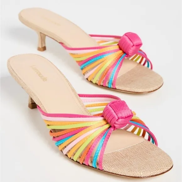 Larroude Valerie Kitten Heel Strappy Knot Mule in Colorful Satin, 9.5