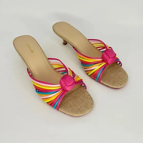 Larroude Valerie Kitten Heel Strappy Knot Mule in Colorful Satin, 9.5