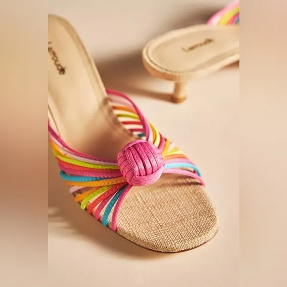Larroude Valerie Kitten Heel Strappy Knot Mule in Colorful Satin, 9.5