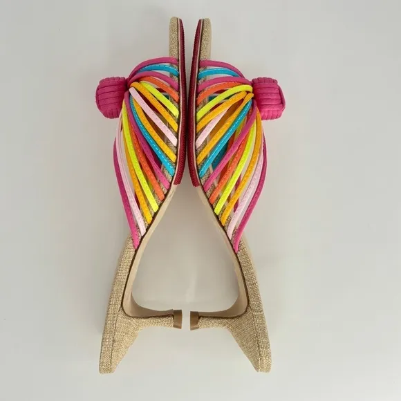 Larroude Valerie Kitten Heel Strappy Knot Mule in Colorful Satin, 9.5