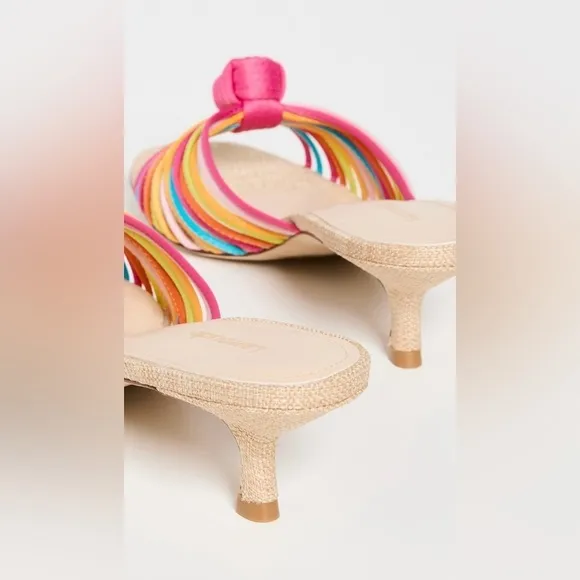 Larroude Valerie Kitten Heel Strappy Knot Mule in Colorful Satin, 9.5