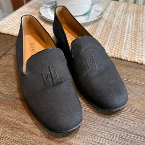 Lauren Ralph Lauren Loafers Black Linen Style RLL Logo Leather Shoes 8.5B