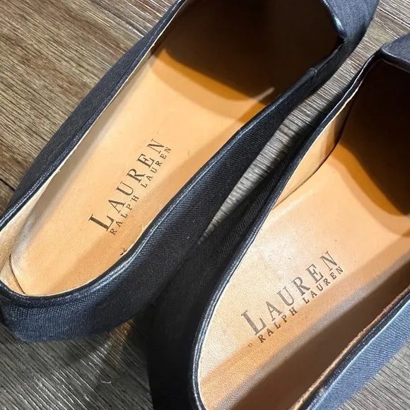 Lauren Ralph Lauren Loafers Black Linen Style RLL Logo Leather Shoes 8.5B