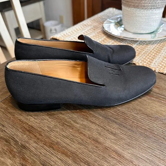 Lauren Ralph Lauren Loafers Black Linen Style RLL Logo Leather Shoes 8.5B