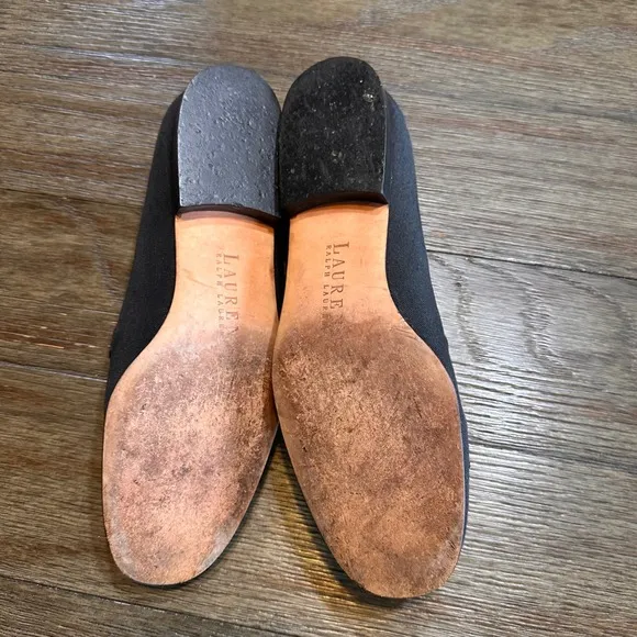 Lauren Ralph Lauren Loafers Black Linen Style RLL Logo Leather Shoes 8.5B