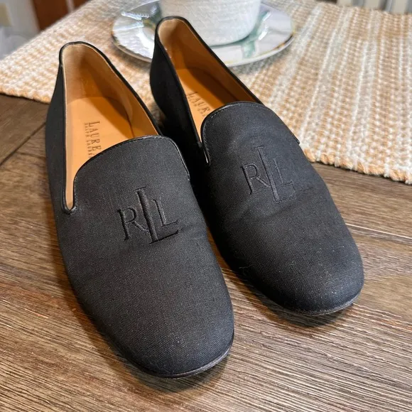 Lauren Ralph Lauren Loafers Black Linen Style RLL Logo Leather Shoes 8.5B