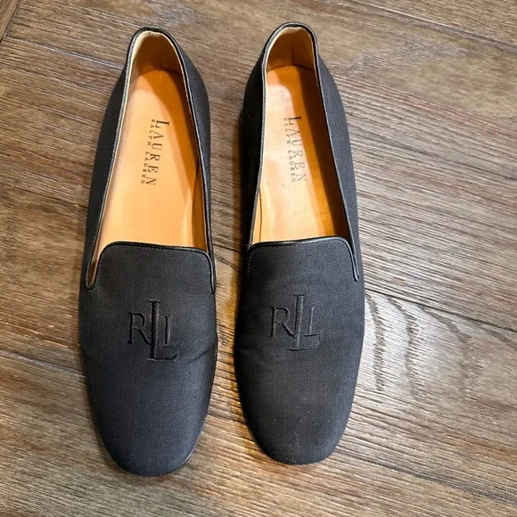 Lauren Ralph Lauren Loafers Black Linen Style RLL Logo Leather Shoes 8.5B