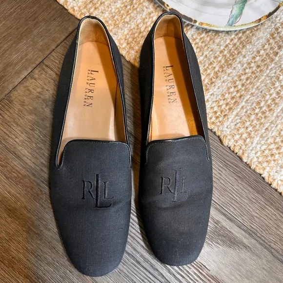 Lauren Ralph Lauren Loafers Black Linen Style RLL Logo Leather Shoes 8.5B