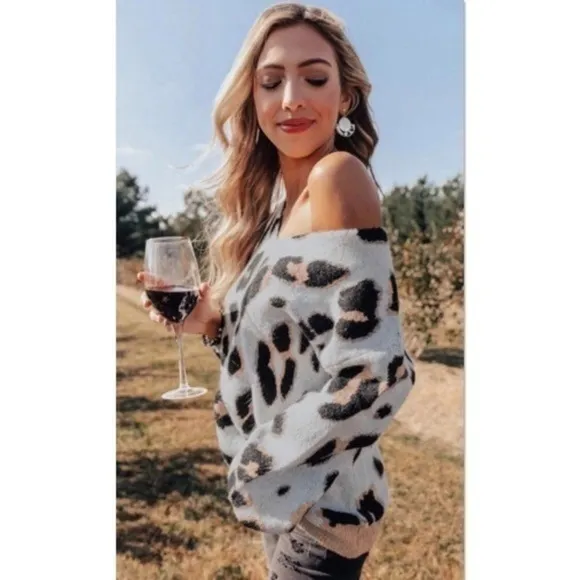 leopard sweater v neck off the shoulder one shoulder cheetah fuzzy top​​​​​​​