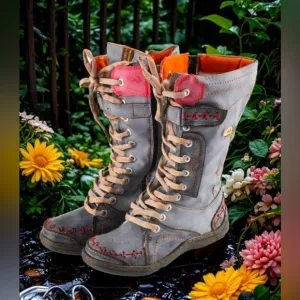 ✨Like New TMA EYES Patchwork tall fur lined strap combat moto boots - worn 1x