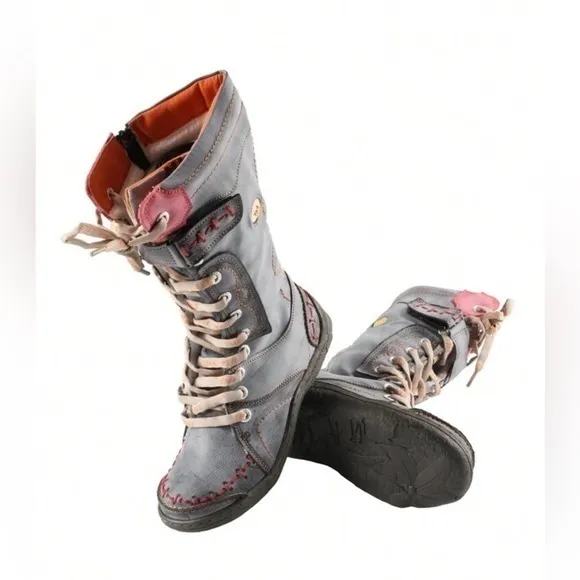 ✨Like New TMA EYES Patchwork tall fur lined strap combat moto boots - worn 1x