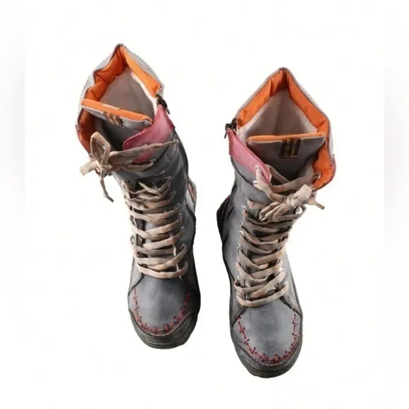 ✨Like New TMA EYES Patchwork tall fur lined strap combat moto boots - worn 1x