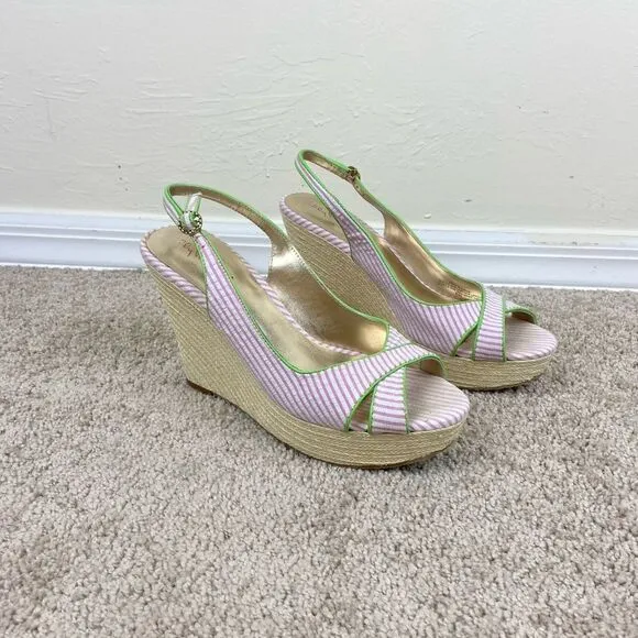 Lilly Pulitzer Hotty Espadrilles Wedge Shoes - Pink &amp; White Stripe