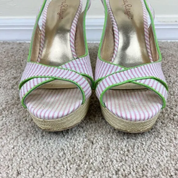 Lilly Pulitzer Hotty Espadrilles Wedge Shoes - Pink &amp; White Stripe