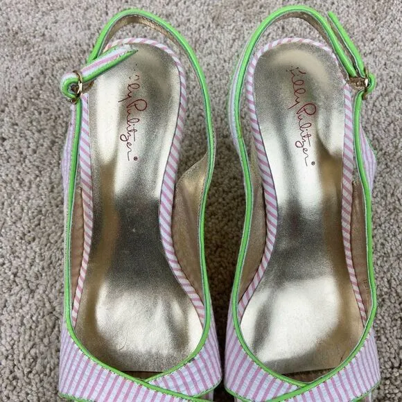Lilly Pulitzer Hotty Espadrilles Wedge Shoes - Pink &amp; White Stripe