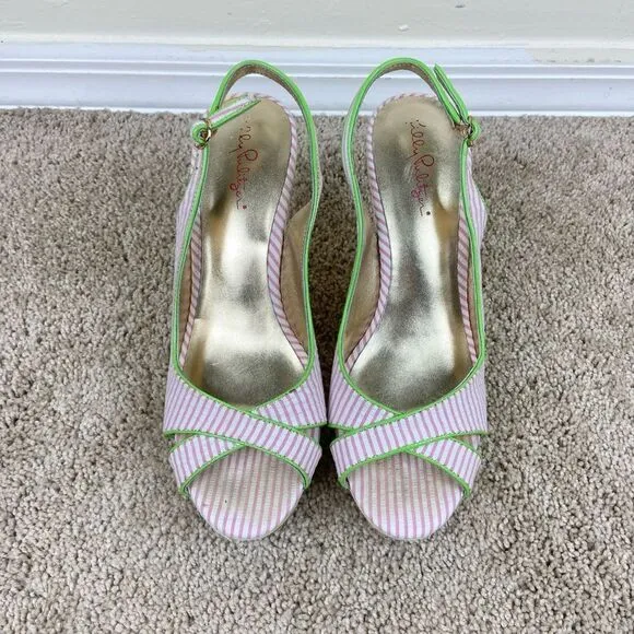 Lilly Pulitzer Hotty Espadrilles Wedge Shoes - Pink &amp; White Stripe