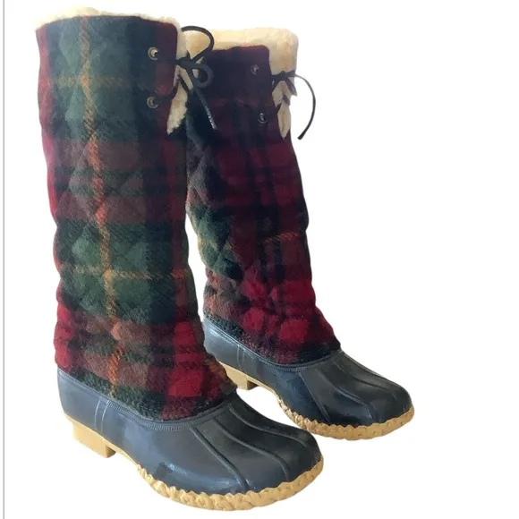 L.L. Bean Wool Plaid Sherpa Lined Duck Boots Size 6M