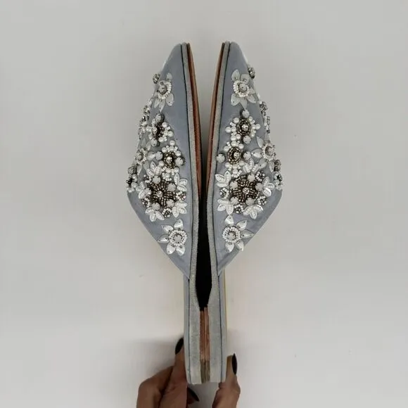 LLANI Keough Flats Loafers Women's EU 40 Slides Hand Embellished Beaded Blue
