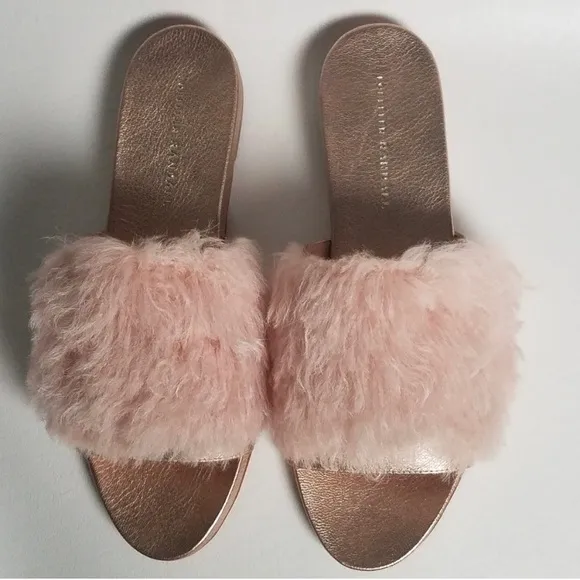 Loeffler Randall Domino Slides Metallic Rose Gold Faux Fur Sandal Sz 5