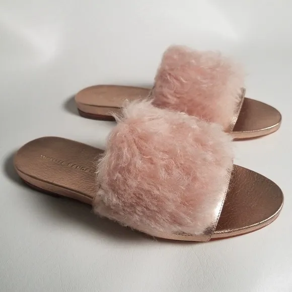 Loeffler Randall Domino Slides Metallic Rose Gold Faux Fur Sandal Sz 5