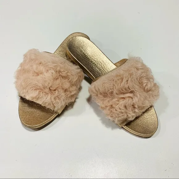 Loeffler Randall Domino Slides Metallic Rose Gold Faux Fur Sandal Sz 5