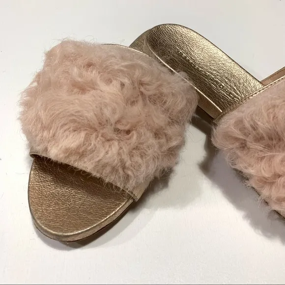 Loeffler Randall Domino Slides Metallic Rose Gold Faux Fur Sandal Sz 5