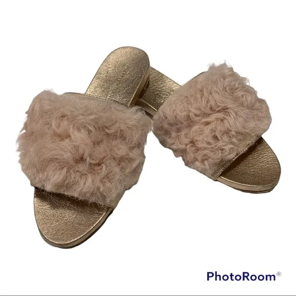 Loeffler Randall Domino Slides Metallic Rose Gold Faux Fur Sandal Sz 5