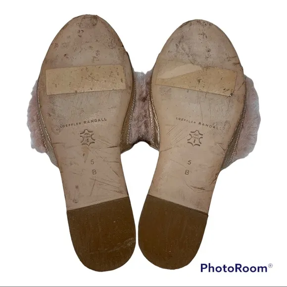 Loeffler Randall Domino Slides Metallic Rose Gold Faux Fur Sandal Sz 5