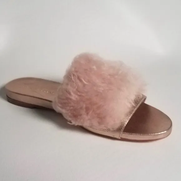 Loeffler Randall Domino Slides Metallic Rose Gold Faux Fur Sandal Sz 5