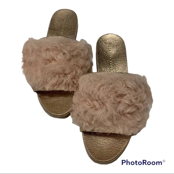Loeffler Randall Domino Slides Metallic Rose Gold Faux Fur Sandal Sz 5