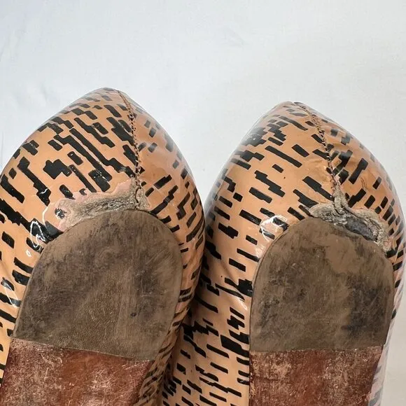 Loeffler Randall Patent Leather Printed Flats Tan Black Pointed Toe Size 8.5