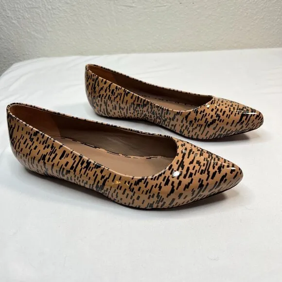 Loeffler Randall Patent Leather Printed Flats Tan Black Pointed Toe Size 8.5