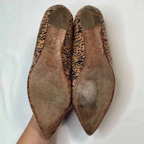 Loeffler Randall Patent Leather Printed Flats Tan Black Pointed Toe Size 8.5