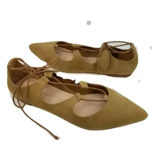 Loeffler Randall women Flats tan suede Lace-Up Pointed toe shoes Sz 8.5 new