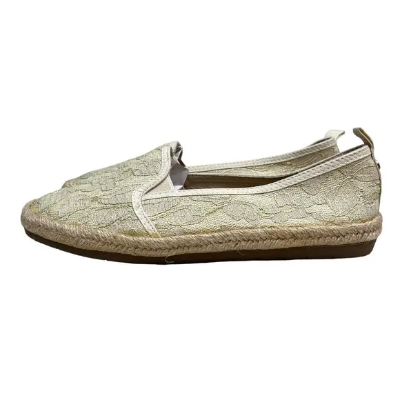 London Fog LALA Espadrilles Shoes Cream Lace Pattern Slip On Cushioned Women 9M‎