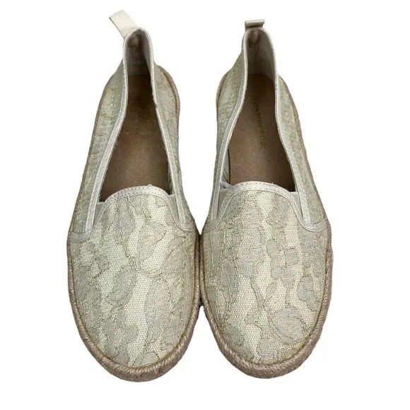 London Fog LALA Espadrilles Shoes Cream Lace Pattern Slip On Cushioned Women 9M‎