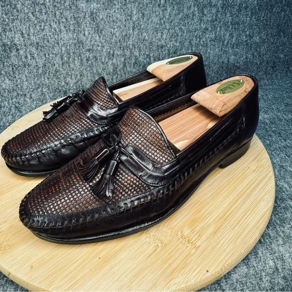 Lorenzo Banfi Mens Woven Tasseled Loafers Size 8 Mahogany Leather Made in Italy