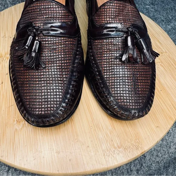 Lorenzo Banfi Mens Woven Tasseled Loafers Size 8 Mahogany Leather Made in Italy
