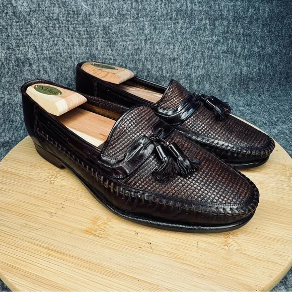 Lorenzo Banfi Mens Woven Tasseled Loafers Size 8 Mahogany Leather Made in Italy
