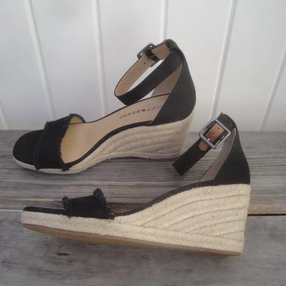 Lucky Brand Wedge Espadrilles Black with frayed edge Ankle Strap 7M