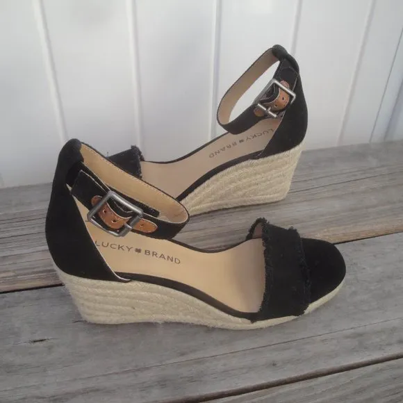 Lucky Brand Wedge Espadrilles Black with frayed edge Ankle Strap 7M